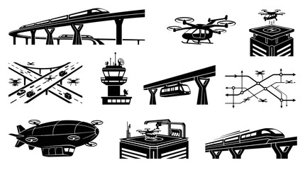Obraz premium Future Transportation Technology Glyph Icons: Smart City Systems, Drones, Trains, Monorails