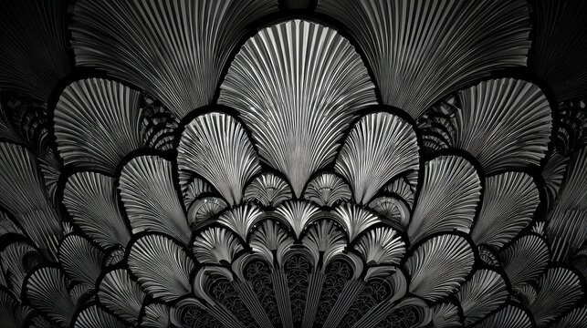 41.Classic art deco pattern displaying layered geometric structures with radiating shapes, mirrored linework, and rhythmic motifs arranged in a richly patterned grid.
