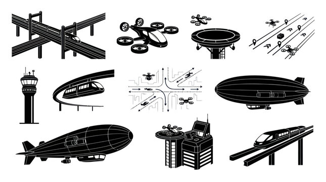 Smart City Future Transportation Icons Set: Black  White Glyphs of Drones, Monorails  Blimps