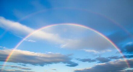 Naklejka premium Vibrant Double Rainbow Arcing Across a Cloudy Blue Sky, a Phenomenal Natural Spectacle