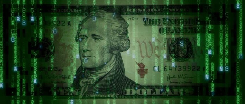 Electronic Money Concept with Ten Dollar Bill made from Animated Code. Blockchain Finance Background.