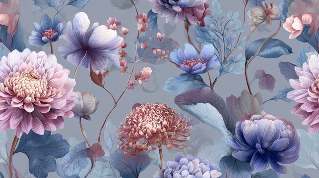 45.Romantic botanical repeat with detailed flowers featuring subtle gradients, tender blooms, and slender vines weaving gracefully through a palette of soft blue, muted pink, and taupe tones.