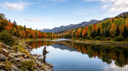 Naklejka premium Man fishing on rocky lake shore surrounded by autumn trees and mountains