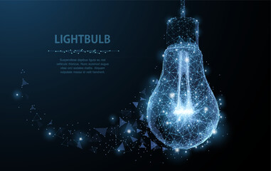 Lightbulb. Polygonal mesh art with crumbled edge on blue night sky with dots, stars and looks like constellation. Idea, electricity, innovation or other concept illustration or background © NeonGridStudio