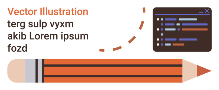Web development, programming education, design tools, creative coding, learning, content creation. Pencil and coding window graphic with lorem ipsum text. Web development and programming education