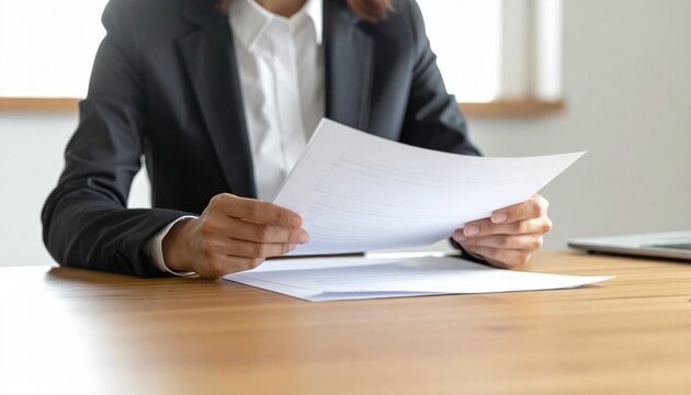 ネイビースーツを着た人物が木目デスクで応募書類を手に取り確認する手元と書類のクローズアップ