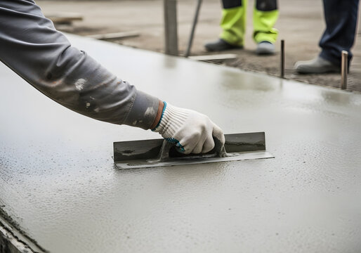 Professional Construction Worker Smoothing Fresh Concrete with Hand Float Trowel