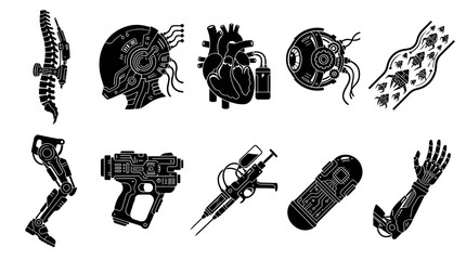 Obraz premium Futuristic Cybernetic Icons: Heart, Arm, Leg, Gun, Spine, Head, Ship