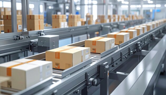クリーンな工場の自動包装ラインを段ボール箱がコンベアベルト上を整然と流れる産業物流の情景