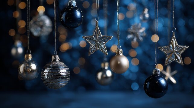 68.Elegant assortment of hanging Christmas ornaments, metallic spheres and star shapes suspended against a deep black blue backdrop, soft glowing highlights creating a winter night atmosphere.