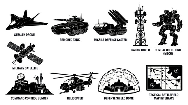 Military Technology Icons: Stealth Drone, Tank, Radar, Mech, Map