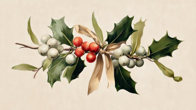 77.Slightly aged illustration of mistletoe and holly tied together, soft pastel-like colors, understated shadows enhancing the traditional gentle look.