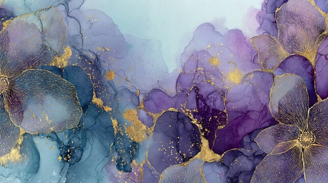 82.Marble-style abstract artwork with floral and leaf motifs subtly embedded, aqua and deep violet gradients blending smoothly, golden vein patterns creating luxurious contrast.