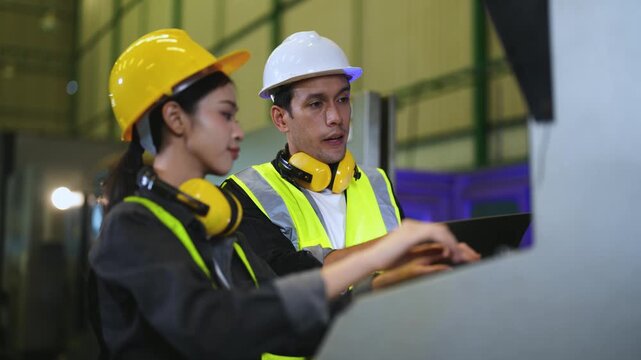 Operator checks machine status on tablet near control panel in factory. Industrial automation and digital monitoring support maintenance, troubleshooting and efficient production workflow.