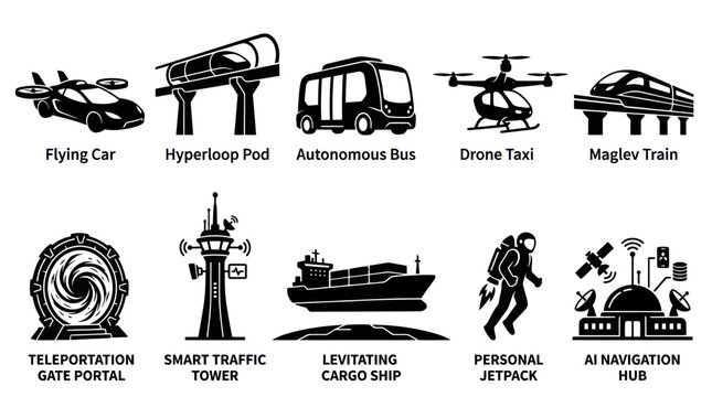 Futuristic Transportation Icons: Flying Car, Hyperloop, Drone, Maglev Train, Jetpack, Portal