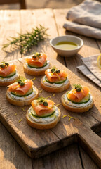 Obraz premium Canapés de salmón ahumado con queso crema, pepino y alcaparras sobre una tabla rústica al aire libre