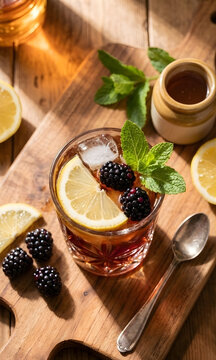 C&oacute;ctel refrescante de moras y lim&oacute;n con menta fresca servido en un vaso tallado sobre tabla r&uacute;stica