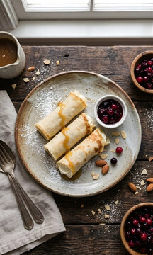 Crepes rellenos con sirope, az&uacute;car glass y frutos rojos servidos en un plato r&uacute;stico sobre mesa de madera