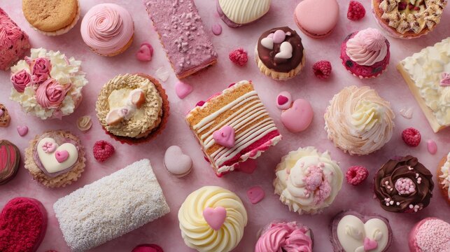 94.Sweet Valentine-inspired layout of assorted pastries, creamy treats, and sugar confections, detailed icing textures and adorable heart motifs scattered throughout.