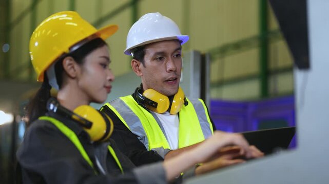 Engineers analyze machine data on tablet while operating industrial control interface. Smart manufacturing concept with teamwork, system monitoring and production optimization in factory.