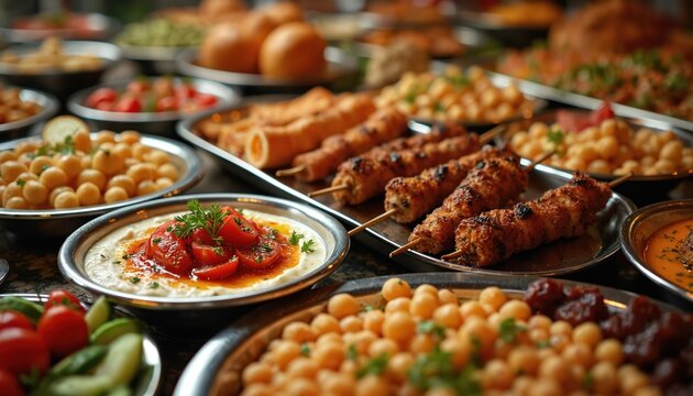 A table full of turkish food. Kebabs, salads, dips, and pastries arranged on platters. This feast is ready for sharing. It shows many delicious dishes.