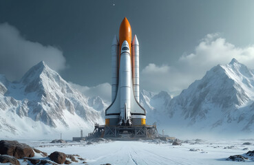 Naklejka premium Space shuttle stands on snowy mountain launchpad. White and orange rocket ready for flight. Cold winter landscape with icy peaks. Cosmic journey preparation.