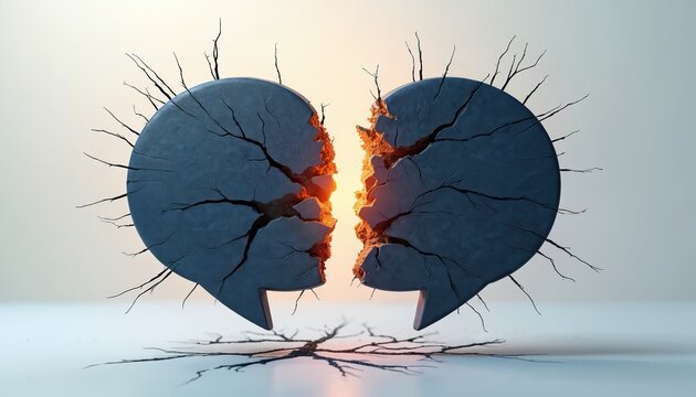 Two broken chat bubbles with cracks and branches split apart showing light in between. Represents failed communication argument or disconnect in conversation. Symbol of conflict.