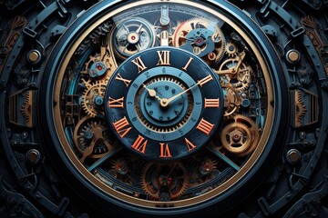 Obraz premium Complex clock face showing the inner workings of gears and mechanisms, measuring time with precision
