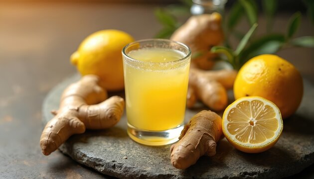 Glass of homemade ginger lemon shot with fresh ginger root and citrus fruit. Healthy beverage for wellness and immunity boost. Natural drink refreshment preparation.