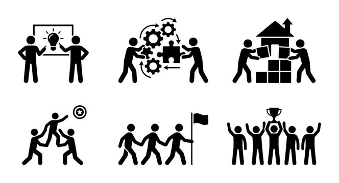Teamwork and Collaboration Icons: Strategy, Synergy, Building, Achievement, Success, Partnership, Business Concepts