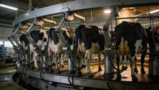 Automated Milking in Farm: The image captures a dairy farm using automated milking technology, showcasing modern agricultural practices. The cows are organized in a circular milking machine.