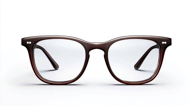 Stylish brown eyeglasses with clear lenses on a clean white background