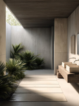 Modern bathroom with large indoor outdoor design, natural light, concrete wall, wooden sink, green plant, peaceful atmosphere