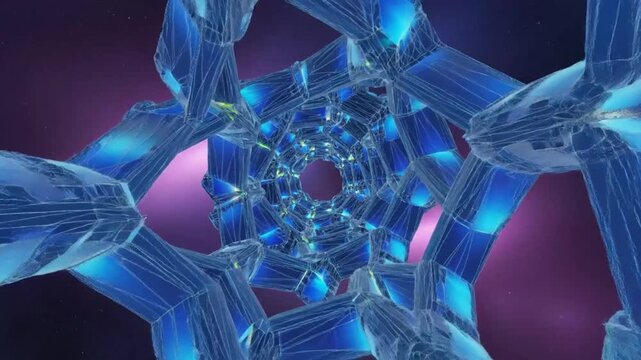 Abstract futuristic blue crystal tunnel in space with glowing neon lights creating a mesmerizing visual experience