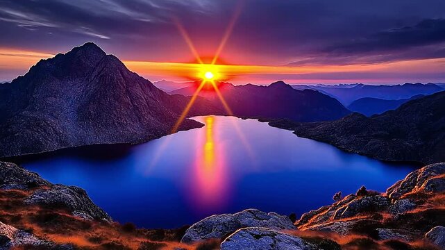 A beautiful mountain landscape featuring a calm lake reflecting golden sunset light under a warm colorful sky. The scene creates a peaceful and relaxing natural atmosphere with soft reflections and ba