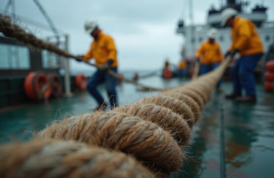 Sailors in yellow jackets and hard hats pull thick ropes on a wet deck. Maritime workers perform a sea operation, teamwork essential for ship docking or cargo handling.