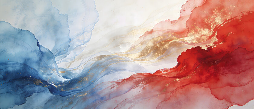Vibrant smoke swirls in red, white, and blue hues blend abstractly