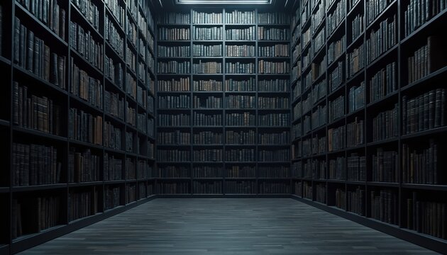 Dimly lit library interior with tall dark bookshelves filled with many old books. An empty room with wooden floor leads to the vast collection. Knowledge concept with atmospheric moody lighting.