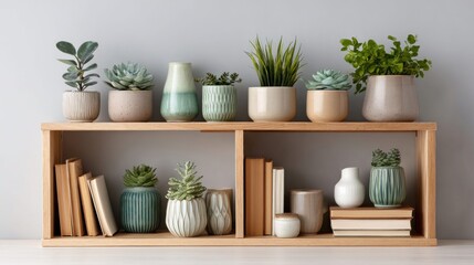 Fototapeta premium Various potted plants and books arranged on a wooden shelf against a gray wall
