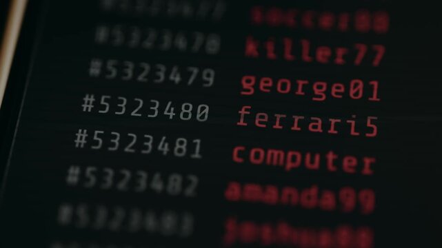 Scrolling wordlist feed for password cracking process. Ethical hacking concept