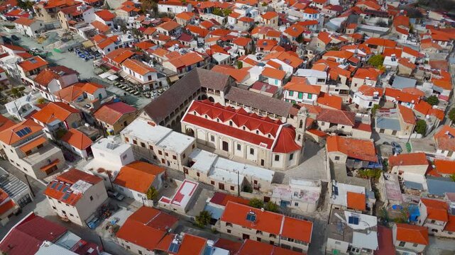 Cinematic Drone Boomerang View of Holy Cross Monastery Architecture in Omodos Cyprus