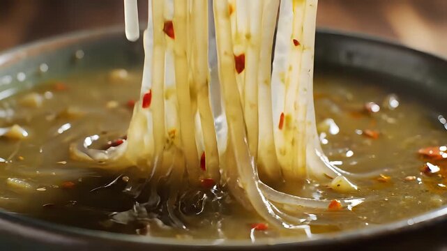 Closeup of Delicious Chinese Glass Noodles in Savory Broth.