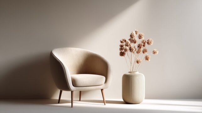 Minimalist beige armchair and dried flowers in a ribbed vase, bathed in soft light