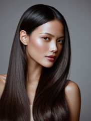 Asian woman long straight dark hair smooth skin natural makeup youthful beauty studio portrait elegant healthy hair confident