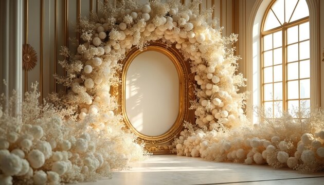 Gilded oval frame set in luxurious room with abundant white floral decor. Soft light streams through arched window illuminating elegant space perfect for weddings or events.