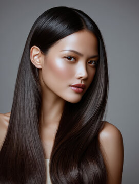 Asian woman long straight dark hair smooth skin natural makeup youthful beauty studio portrait elegant healthy hair confident