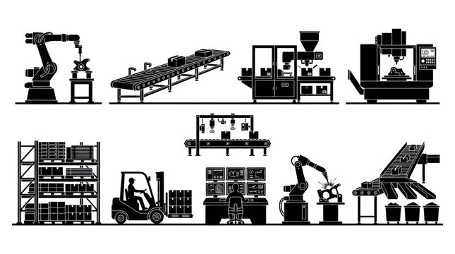Industrial Manufacturing Factory Automation Production Process Glyph Silhouette Icons Set