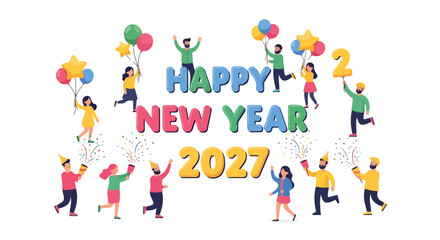 Fototapeta premium Happy New Year celebration with joyful people jumping and holding colorful balloons on white background