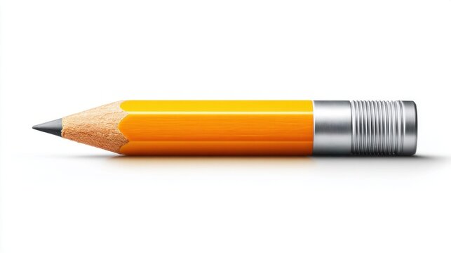 A sharp yellow pencil with a silver ferrule lies horizontally on a white background