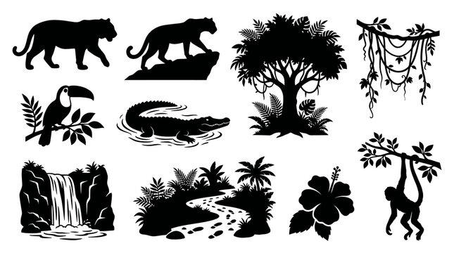Black Silhouette Jungle Animals, Tree, Waterfall, and Flower Icon Set